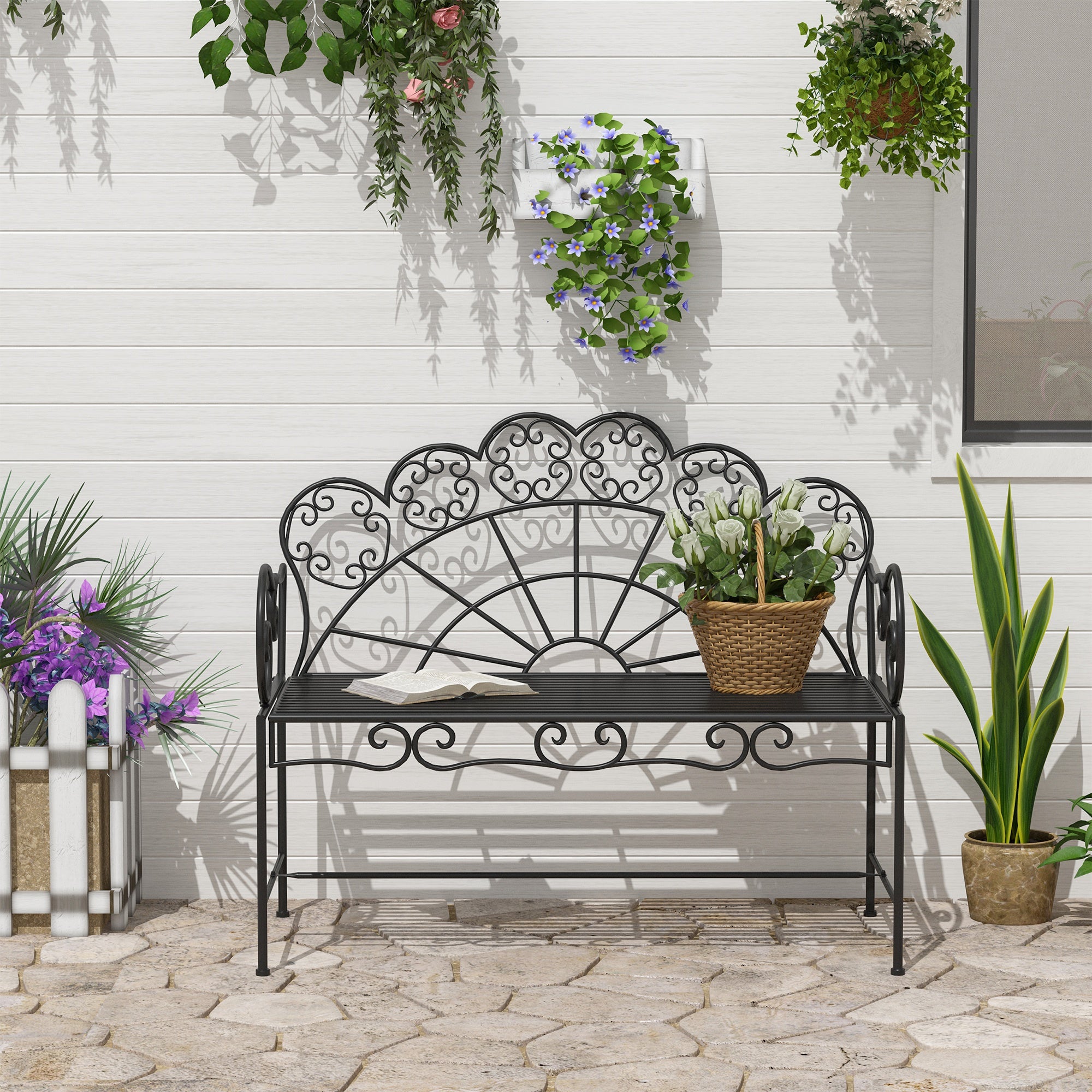 Outsunny Metal Garden Bench Loveseat with Slatted Seat, Black 