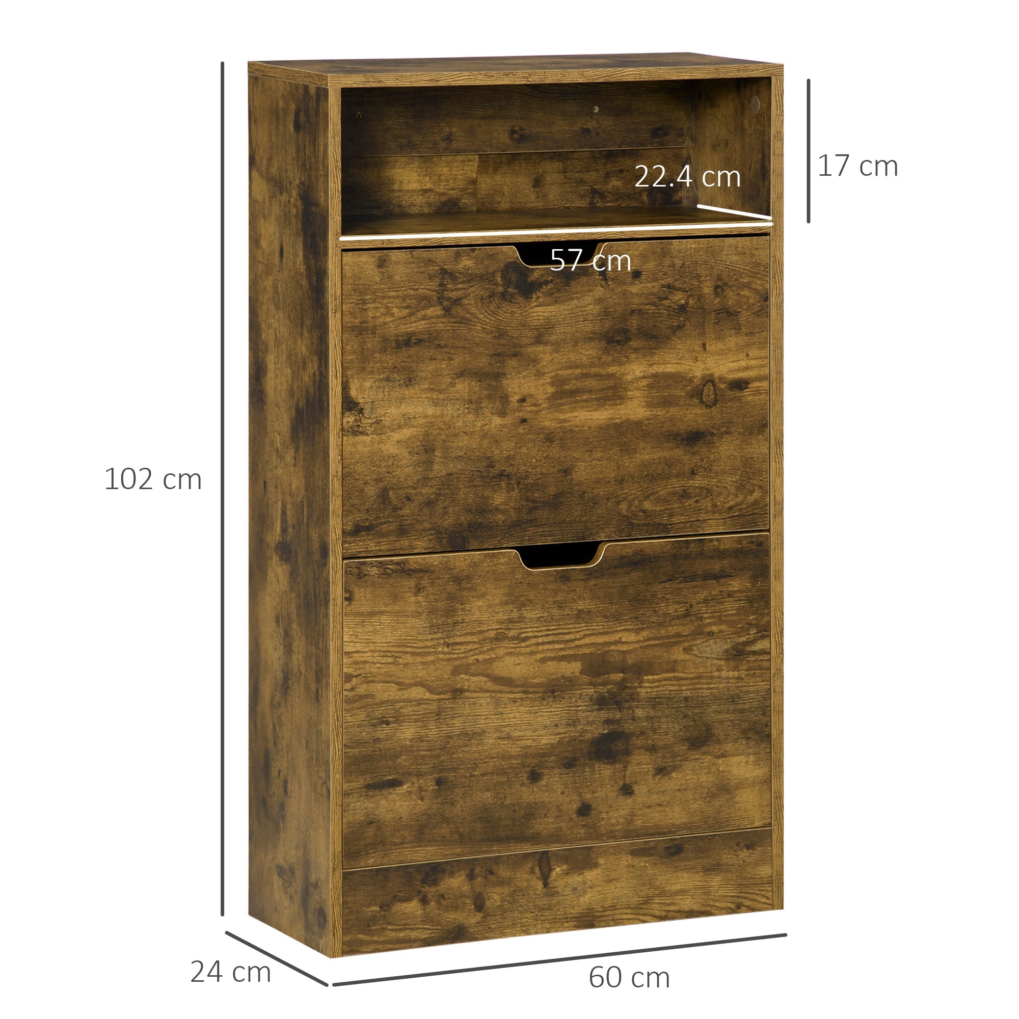 HOMCOM Shoe Cabinet with 2 Flip Doors, Slim 2-Drawer Shoe Cupboard with Adjustable Divider and Open Compartment for 12 Pairs of Shoes, Entryway Storage Unit, Rustic Brown 