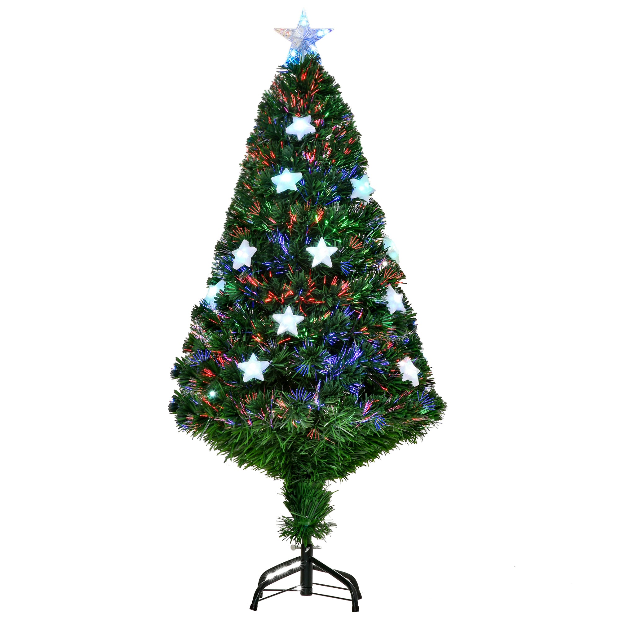 HOMCOM 4FT Prelit Artificial Christmas Tree Fibre Optic Star LED Light Holiday Home Xmas Decoration with LED Light for Indoor Party, Green 