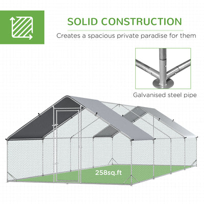 PawHut Chicken Run Galvanised Walk-in Chicken Coop Hen Poultry House Cage Rabbit Hutch with Water-Resist Cover, 3 x 8 x 2m 