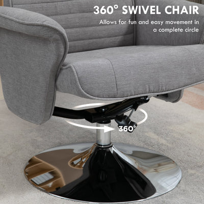 HOMCOM Swivel Recliner Chair with Footstool, Velvet Recliner Armchair with Ottoman, Steel Base, Upholstered Reclining Chair for Living Room, Bedroom, Office, Grey 