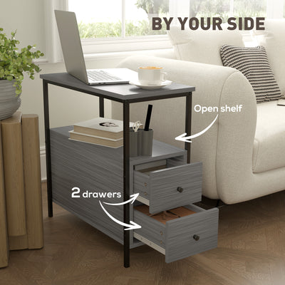 HOMCOM Side Table, Narrow Bedside Table with 2 Drawers and Storage Shelf, Industrial End Table with Metal Frame for Small Spaces, Grey Wood Grain 