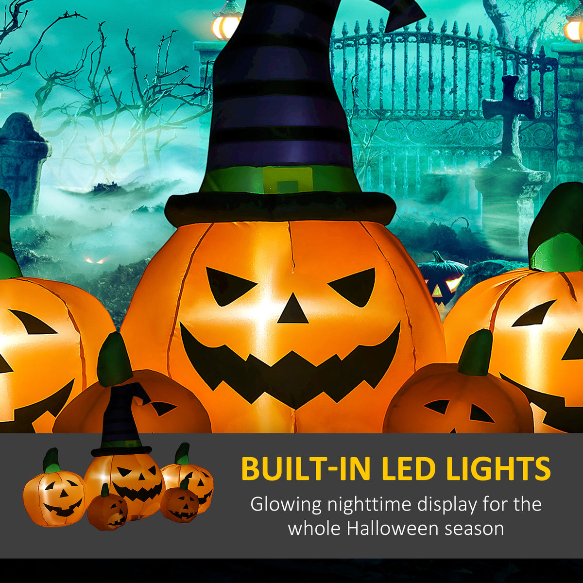 Outsunny 6ft Inflatable Halloween Large Pumpkin in Hat with Four Small Pumpkins, Blow-Up Outdoor LED Display for Lawn, Garden, Party 