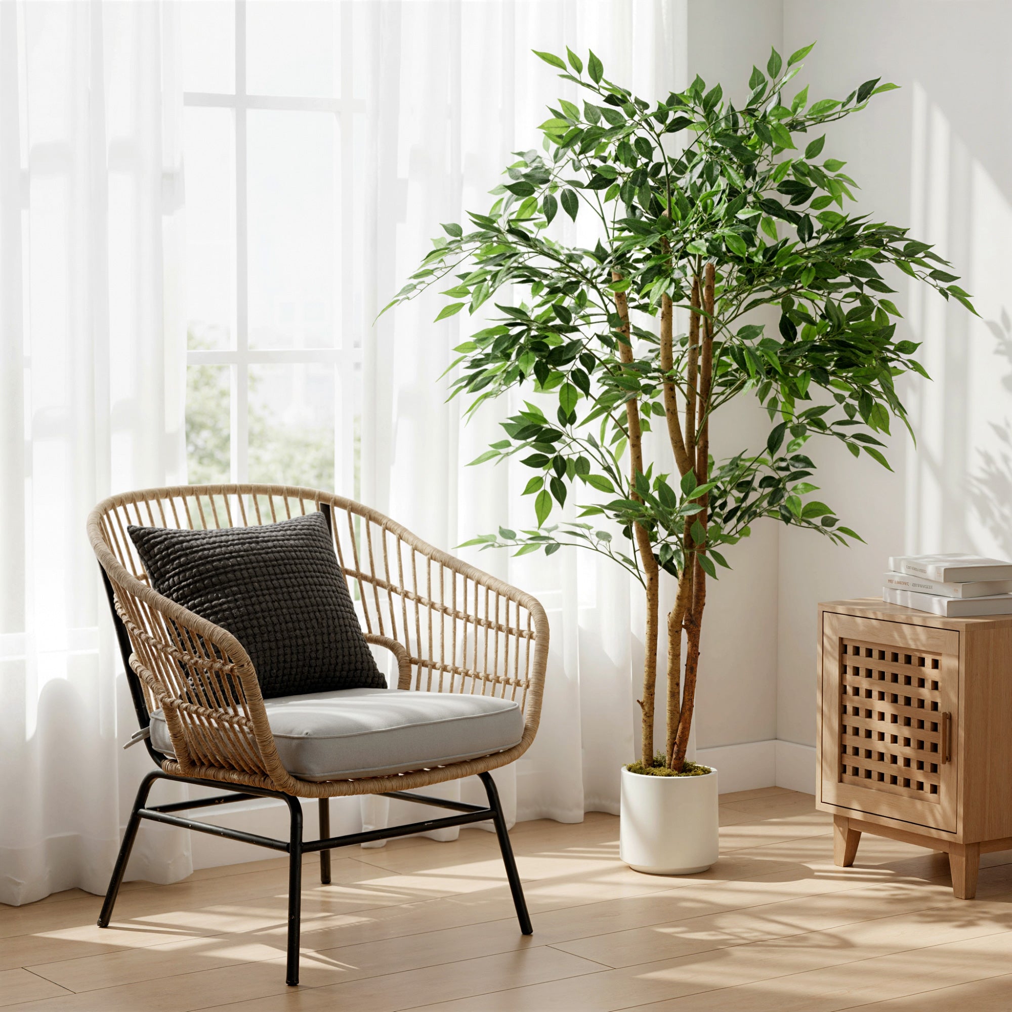HOMCOM 150cm Artificial Ficus Tree, Fake Potted Tree with Solid Wood Trunk and Pot for Indoor, Green 