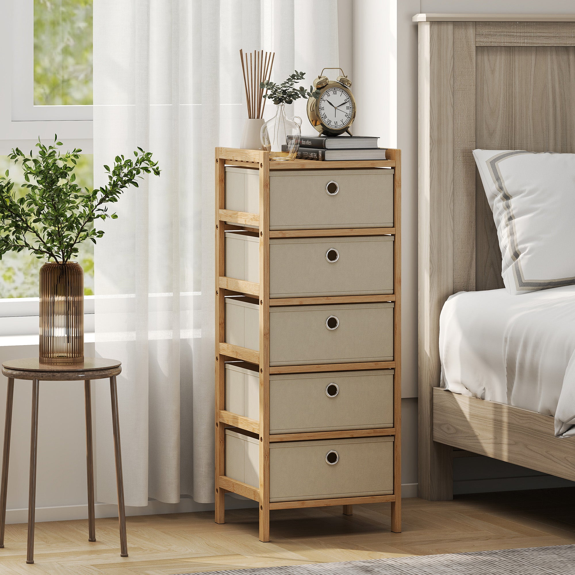 HOMCOM Chest of Drawers, 5 Fabric Drawers Narrow Dresser with Bamboo Frame, Cream White 