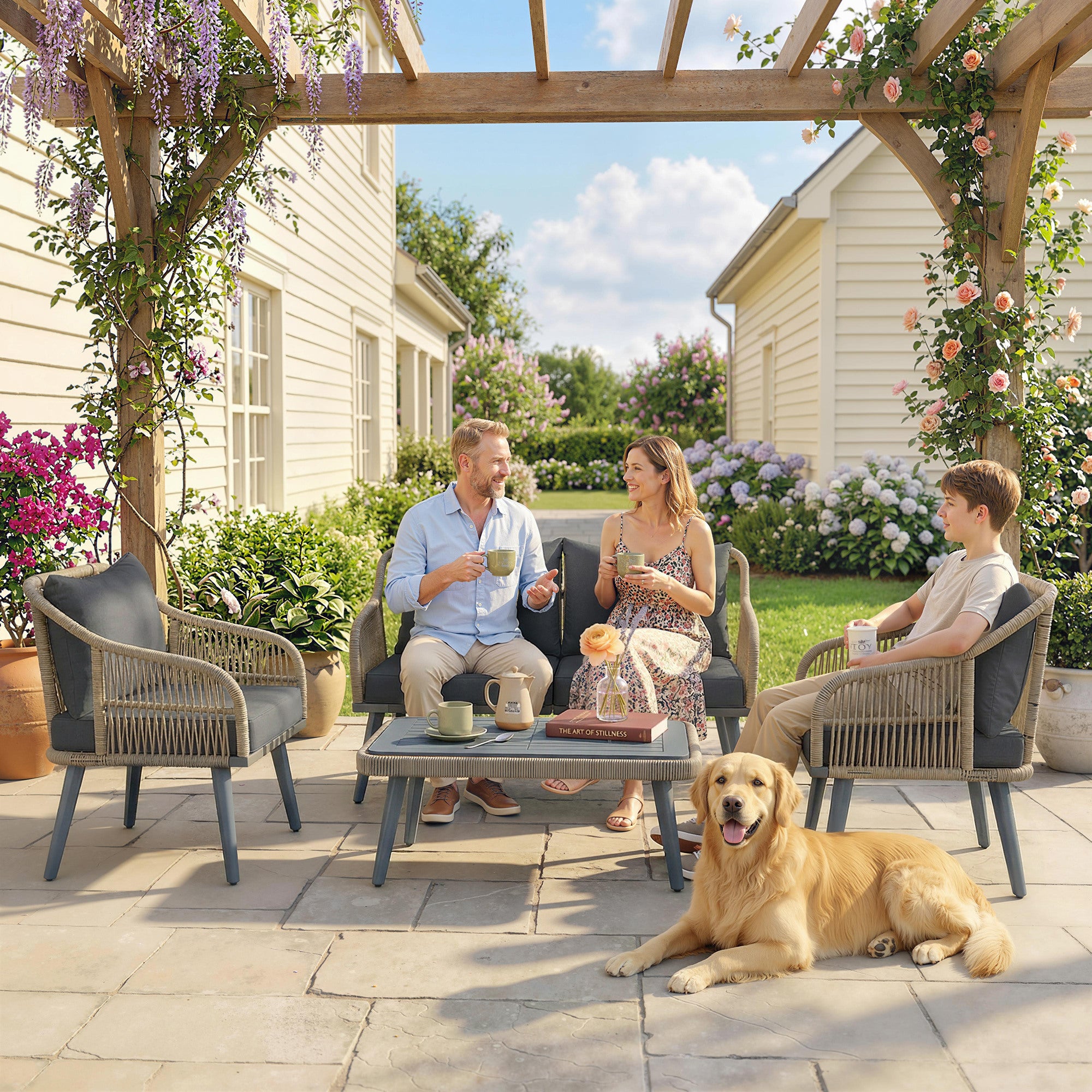 Outsunny 4 Piece Rattan Garden Furniture Set with Loveseat, Armchairs, Wood Table, Wicker Patio Conversation Set, Grey 