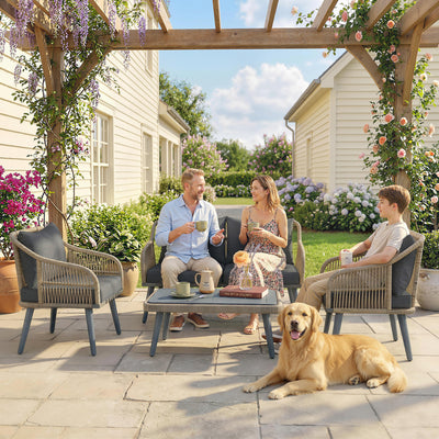 Outsunny 4 Piece Rattan Garden Furniture Set with Loveseat, Armchairs, Wood Table, Wicker Patio Conversation Set, Grey 