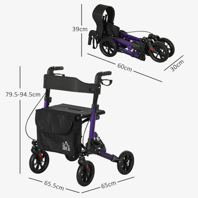 HOMCOM Folding Rollator Walker with Seat, Backrest, Lightweight Walking Frame with Storage Bag, Dual Brakes, Adjustable Handle Height, Suspension System, 4 Wheeled Walker for Seniors, Purple 