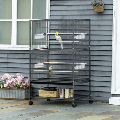 PawHut Large Bird Cage Budgie Cage for Finch Canaries Parakeet with Rolling Stand, Slide-out Tray, Storage Shelf, Food Containers, Dark Grey 
