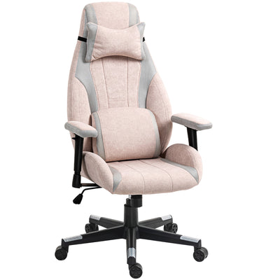 HOMCOM Fabric Gaming Chair with Lumbar Support, Headrest - Pale Pink 