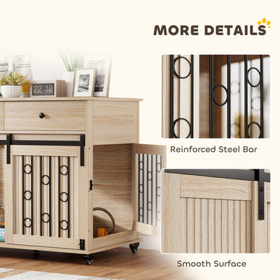 PawHut Dog Crate Furniture on Wheels, Dog Cage with 2 Drawers, Sliding Door, for Medium Large Dogs, Oak Tone 
