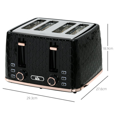 HOMCOM 4 Slice Toaster with 7 Browning Levels, High Lift, Reheat/Defrost/Cancel, Self-centring Function, Removable Crumb Tray, Auto Off, 1600W, Black Honeycomb Texture 