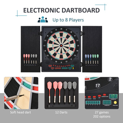 HOMCOM Electronic Dartboard Set, 27 Games Modes and 202 Variations, LED & 12 Soft Tip Darts and Cabinet to Storage, Ready-to-Play Multi-Game Option Darts Machine 