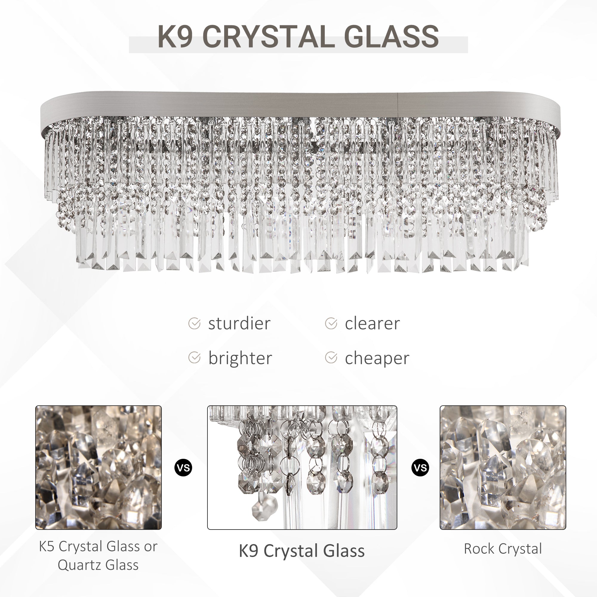 HOMCOM Modern Raindrop Crystal Chandelier, Round Rectangular hanging Ceiling Light, Linear Hanging Lighting with Stainless Steel Base, for Restaurant Kitchen Island Dining Room Hotel, Silver 