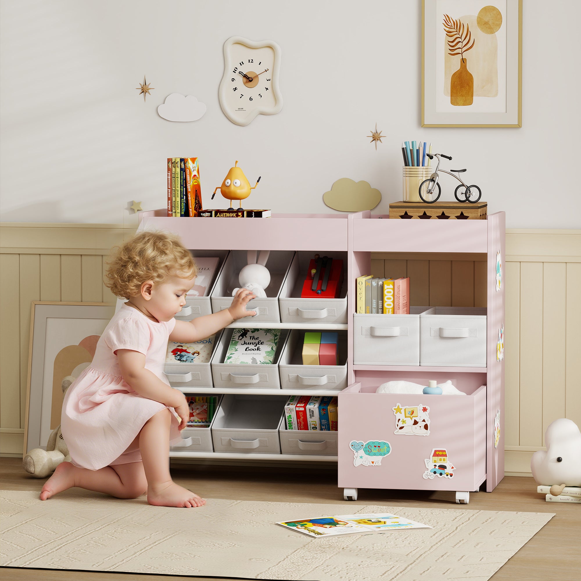 AIYAPLAY Kids Toy Storage Unit with 11 Bins, Cabinet, Top Shelves, 3 Stickers, for Nursery, Playroom, Pink 