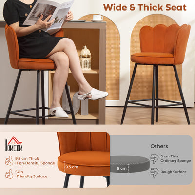HOMCOM Set of Two Velvet-Feel Lotus Bar Stools - Orange 