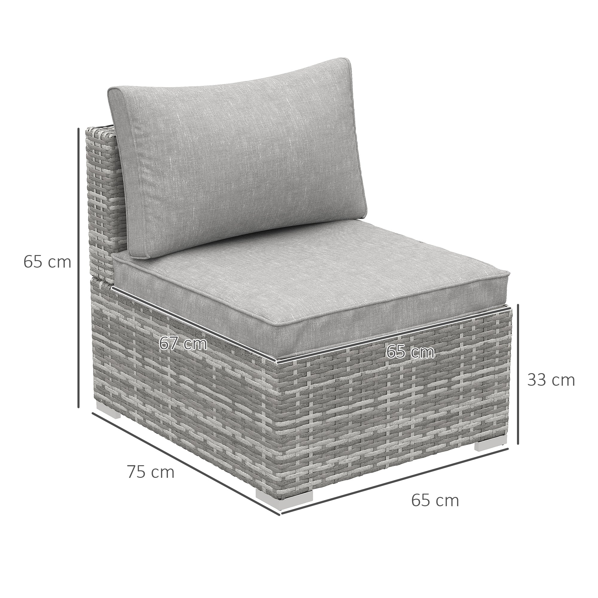 Outsunny Outdoor PE Rattan Furniture with Cushions, Garden Armless Chair with Adjustable Footpads and Back Support Cushion, for Garden, Yard, Terrace, Light Grey 