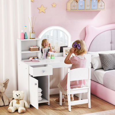AIYAPLAY Kids Vanity Table and Chair Set, Girls Dressing Table with 2-Colour LED Mirror, Stool, Cabinet, Drawer, Shelves, White 