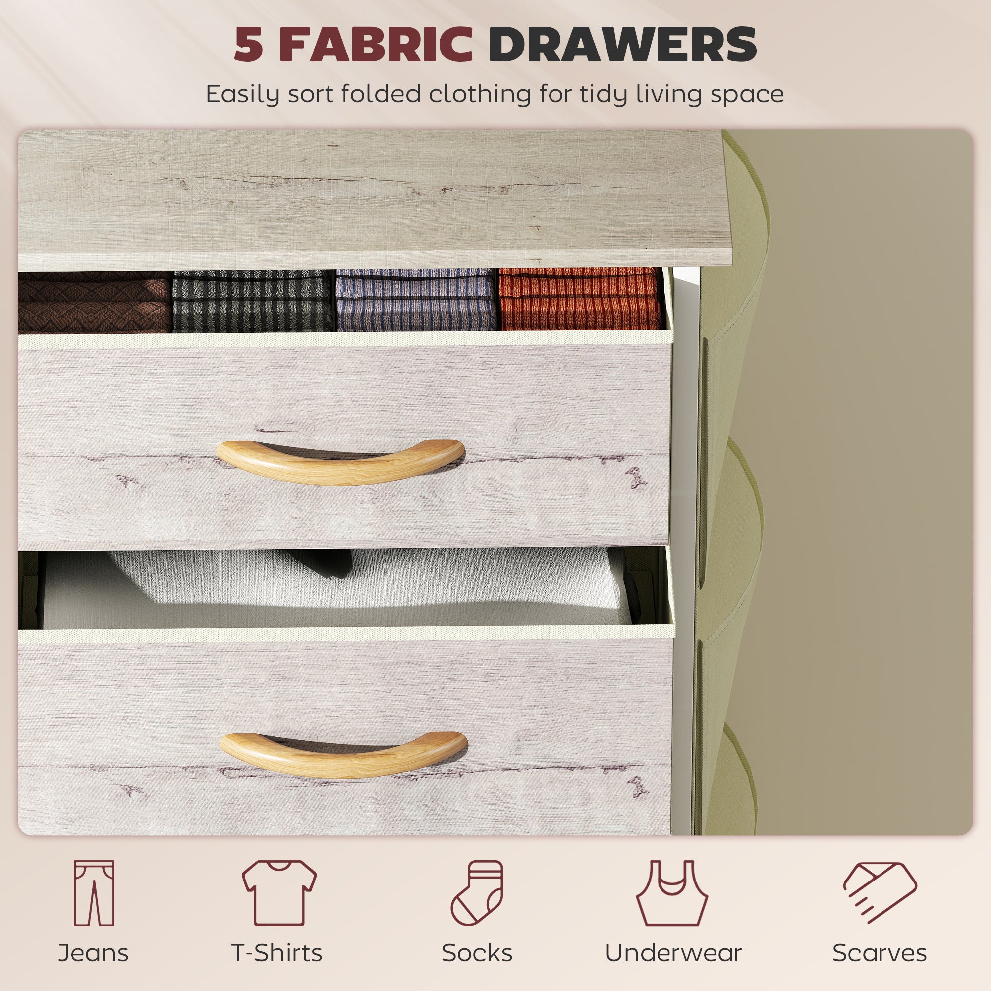 HOMCOM Chest of Five Fabric Drawers - Natural Wood Finish