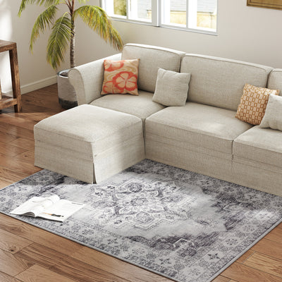 HOMCOM Vintage Area Rug, Non-Slip Washable Rug, Flannel Floor Carpet for Living Room, Bedroom, Dining Room, Home Office, 170 x 120 cm, Grey 