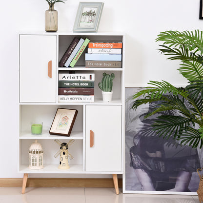 HOMCOM Sideboard Bookshelf Free Standing Bookcase Shelves Unit Display Storage Cabinet w/ Adjustable Shelves, Wooden Leg, Two Doors, White 