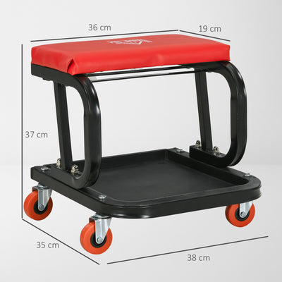 HOMCOM Workshop Stool, Rolling Mechanic Stool with 360 Degree Swivel, Padded Seat, Tool Tray, for Garage, Workshop, Auto Repair, Red 