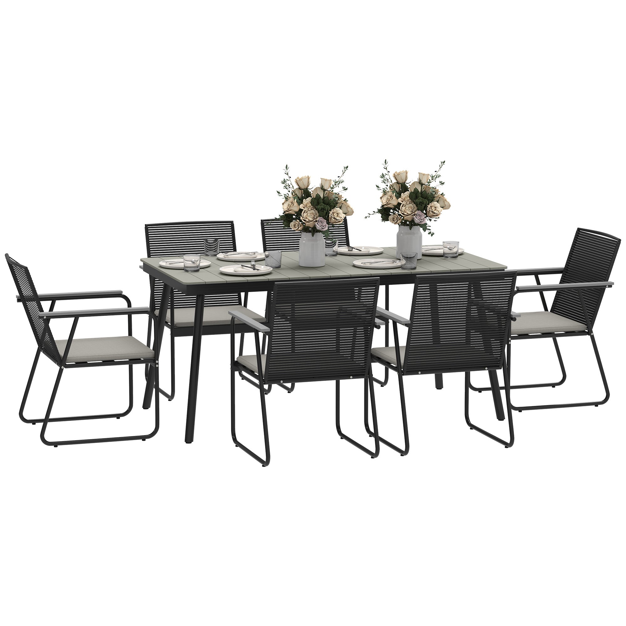 Outsunny 6 Seater Garden Dining Set with Soft Cushions, Rattan Backrest, Rectangular Plastic Top, Garden Furniture Set, Outdoor Dining Table and Chairs for Patio, Balcony, Poolside, Grey 