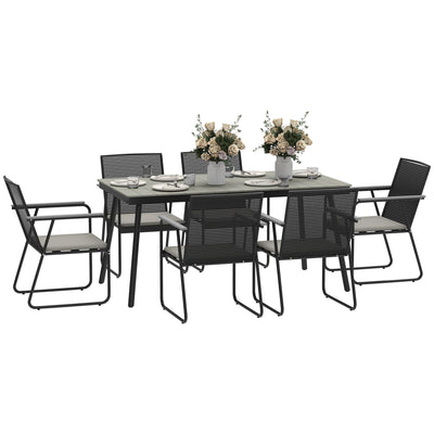 Outsunny 6 Seater Garden Dining Set with Soft Cushions, Rattan Backrest, Rectangular Plastic Top, Garden Furniture Set, Outdoor Dining Table and Chairs for Patio, Balcony, Poolside, Grey 