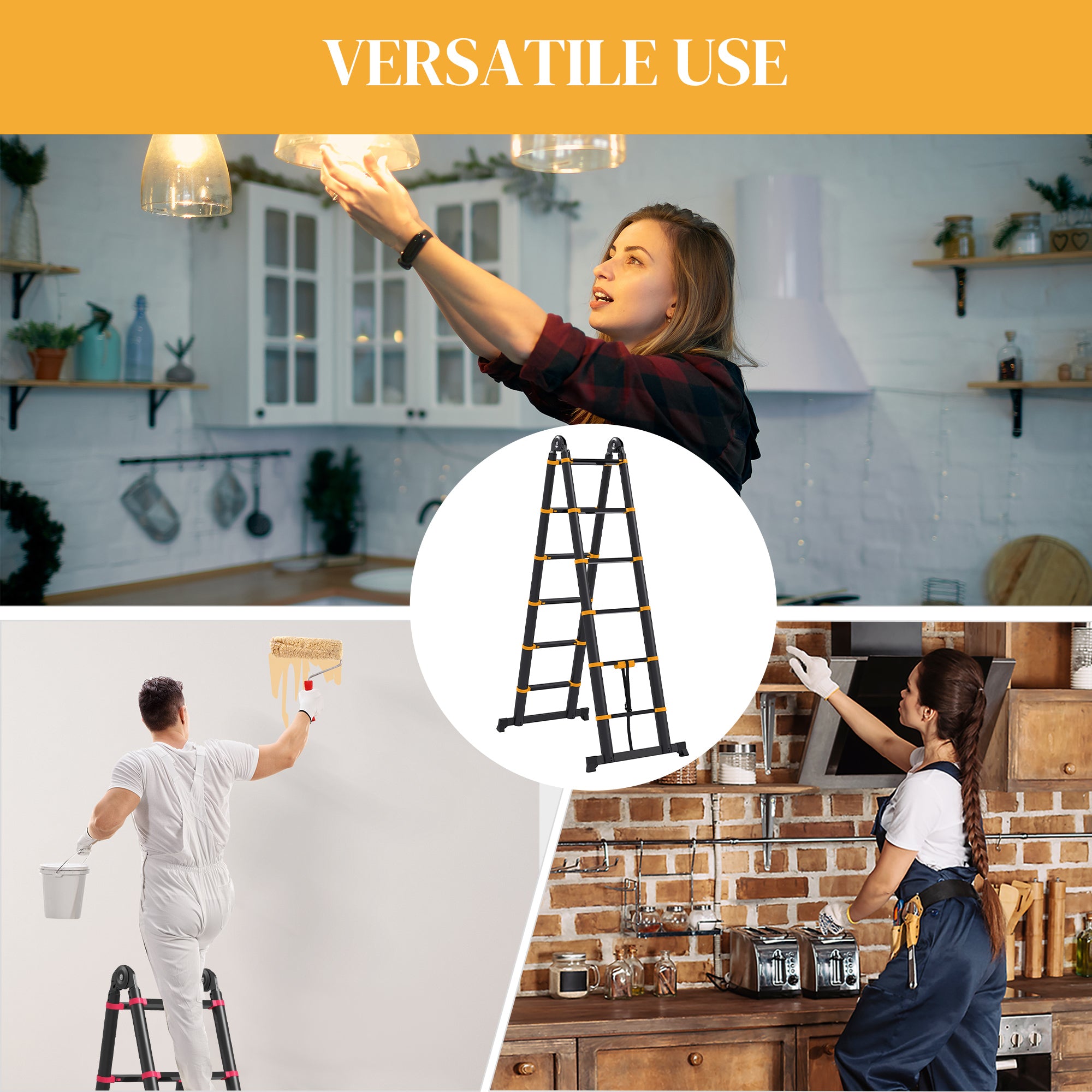 HOMCOM 3.8m Duo Aluminium Ladder w/ Tool Holder - Yellow 