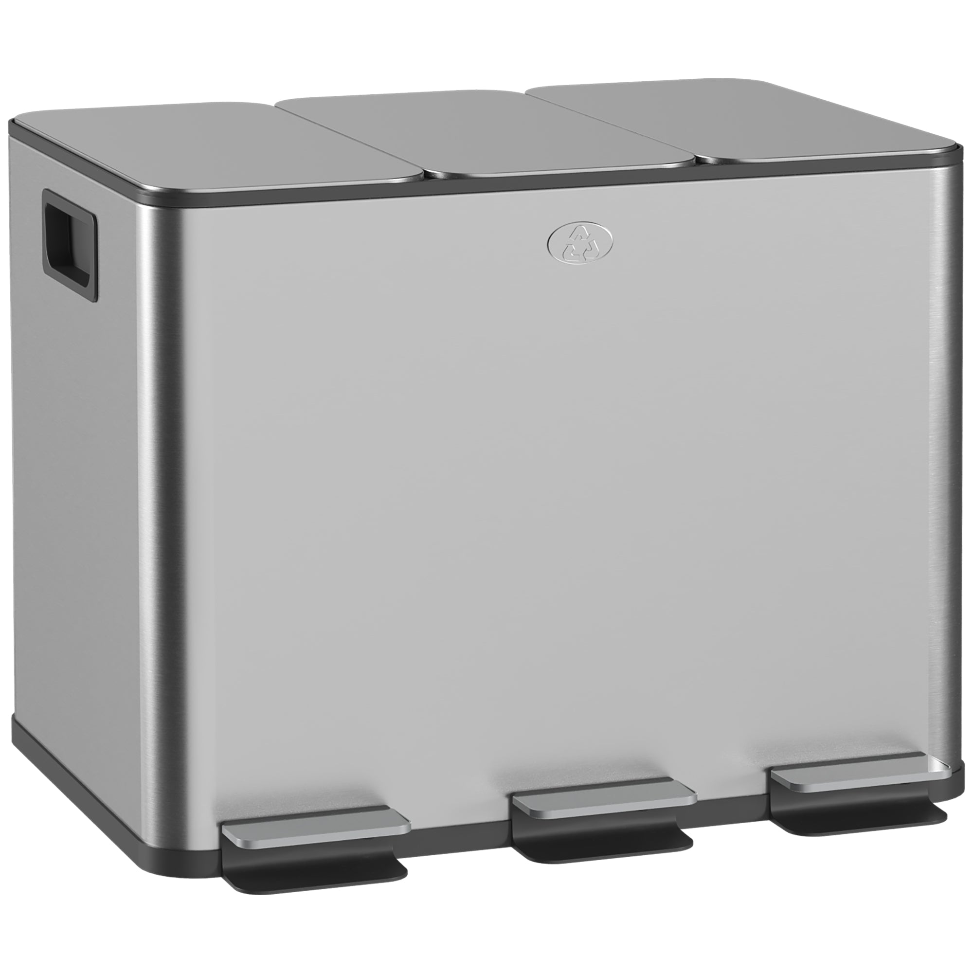 HOMCOM 3 x 20L Pedal Bin, Steel Triple Kitchen Bin with Soft Close Lid, Removable Inner Buckets, Fingerprint-Proof, Silver Tone 