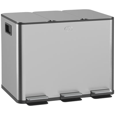 HOMCOM 3 x 20L Pedal Bin, Steel Triple Kitchen Bin with Soft Close Lid, Removable Inner Buckets, Fingerprint-Proof, Silver Tone 