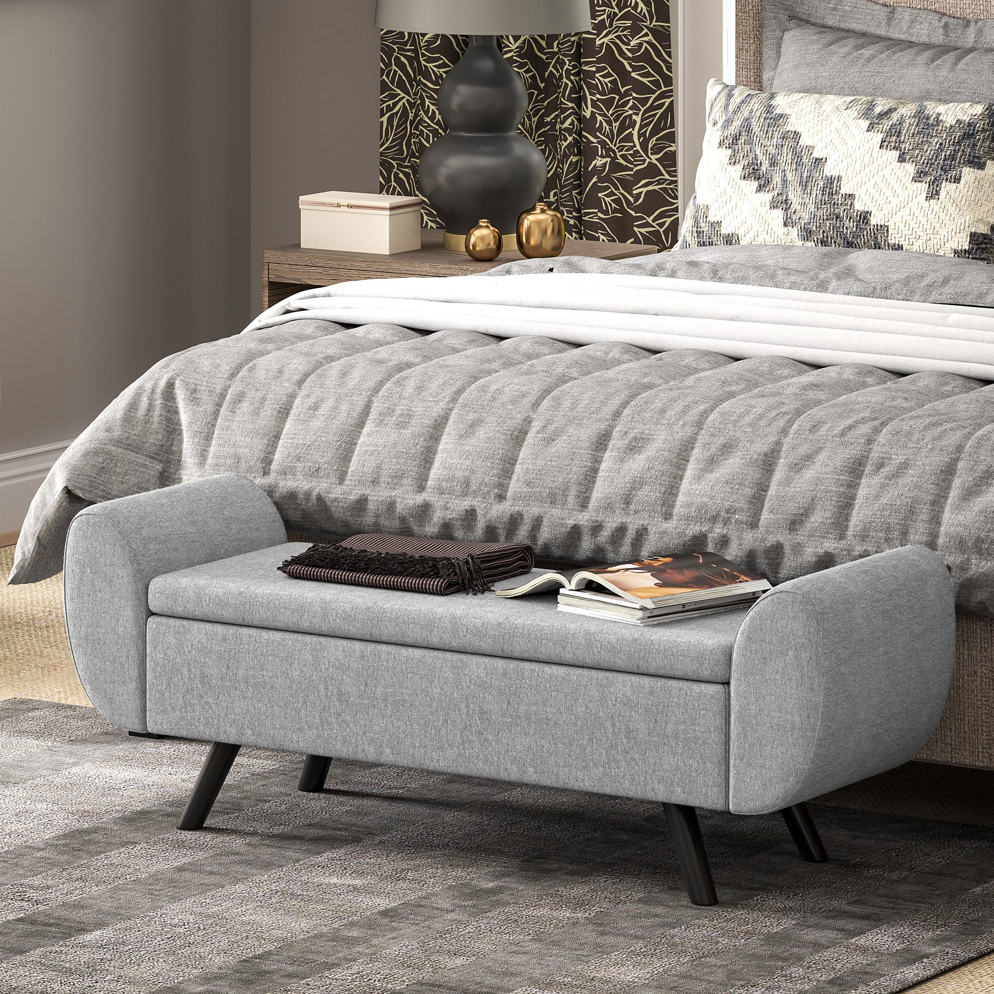 HOMCOM Storage Ottoman with Armrest, Upholstered Linen Storage Bench, Window Seat with Rubberwood Legs, Footstool for Bedroom Living Room, Hallway, Dark Grey 