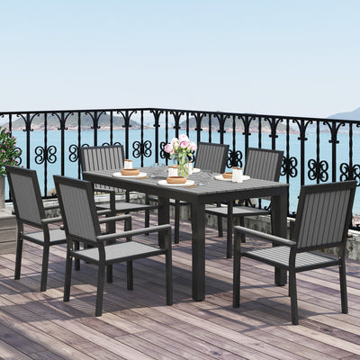 Outsunny 6 Seater Garden Dining Set with Stackable Chairs, Aluminium Frame, Rectangular Plastic Top, Garden Furniture Set, Outdoor Dining Table and Chairs for Patio, Balcony, Poolside, Grey 