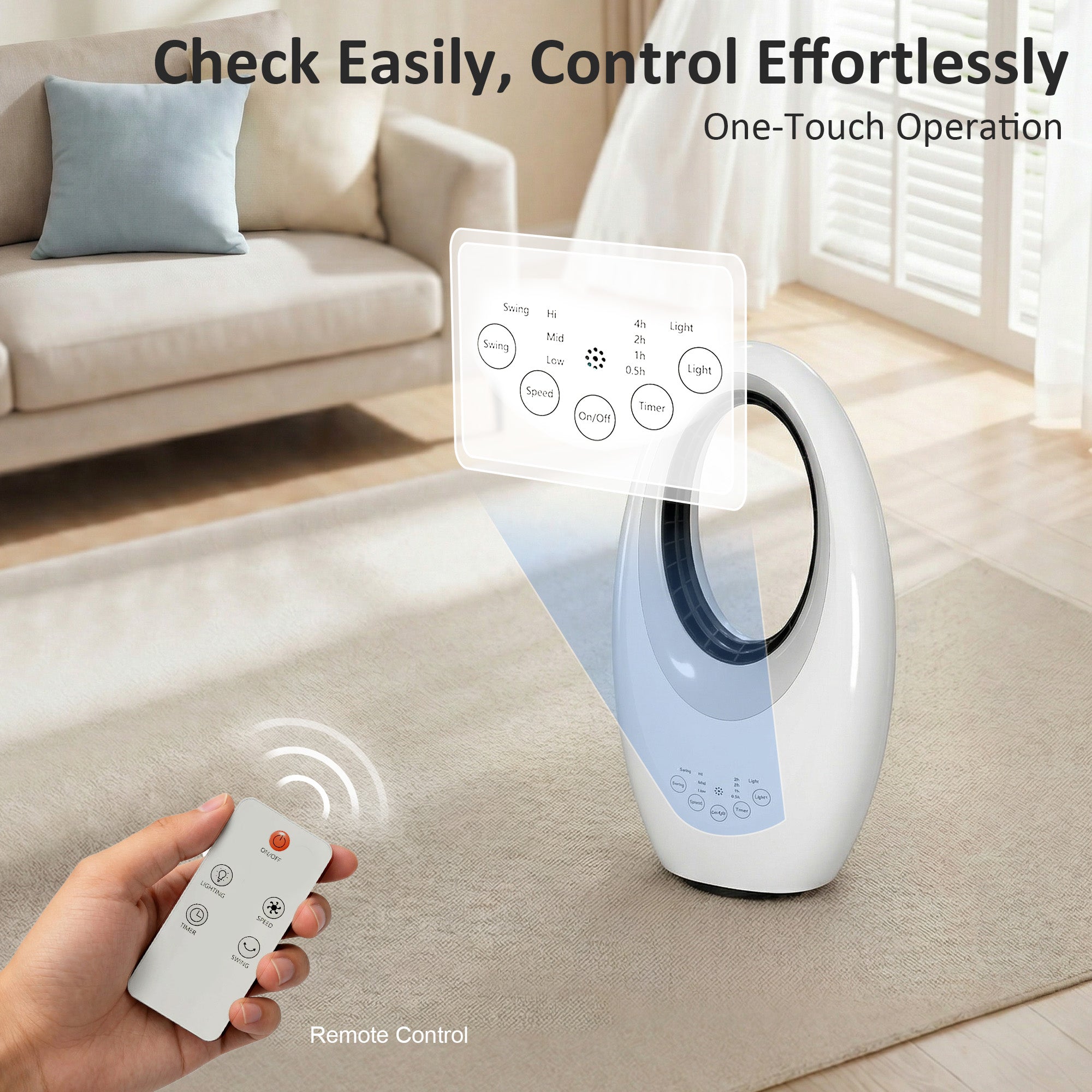 HOMCOM Bladeless Tower Fan, 36dB Standing Cooling Fan with 60° Oscillating, LED Lights, 3 Speeds, 7.5H Timer, Remote Control 