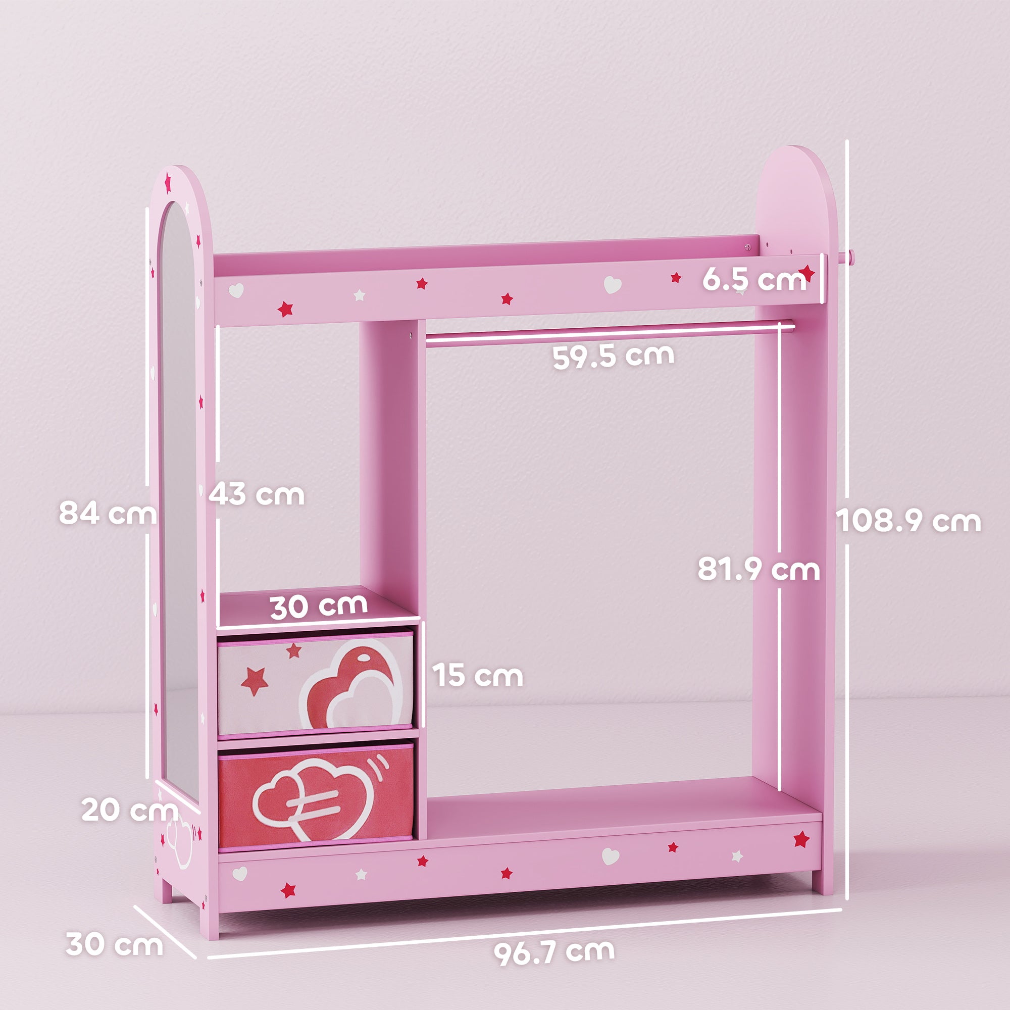 AIYAPLAY Kids Clothes Rail, Kids Wardrobe with Mirror, Shelves, Fabric Storage and Hooks for Bedroom, Nursery, Pink 