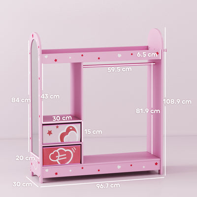 AIYAPLAY Kids Clothes Rail, Kids Wardrobe with Mirror, Shelves, Fabric Storage and Hooks for Bedroom, Nursery, Pink 
