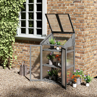 Outsunny Wooden Cold Frame Polycarbonate Greenhouse with Openable Top Cover and Double Door, Grow House for Flower, Vegetable and Plants, 70 x 50 x 120cm, Grey 