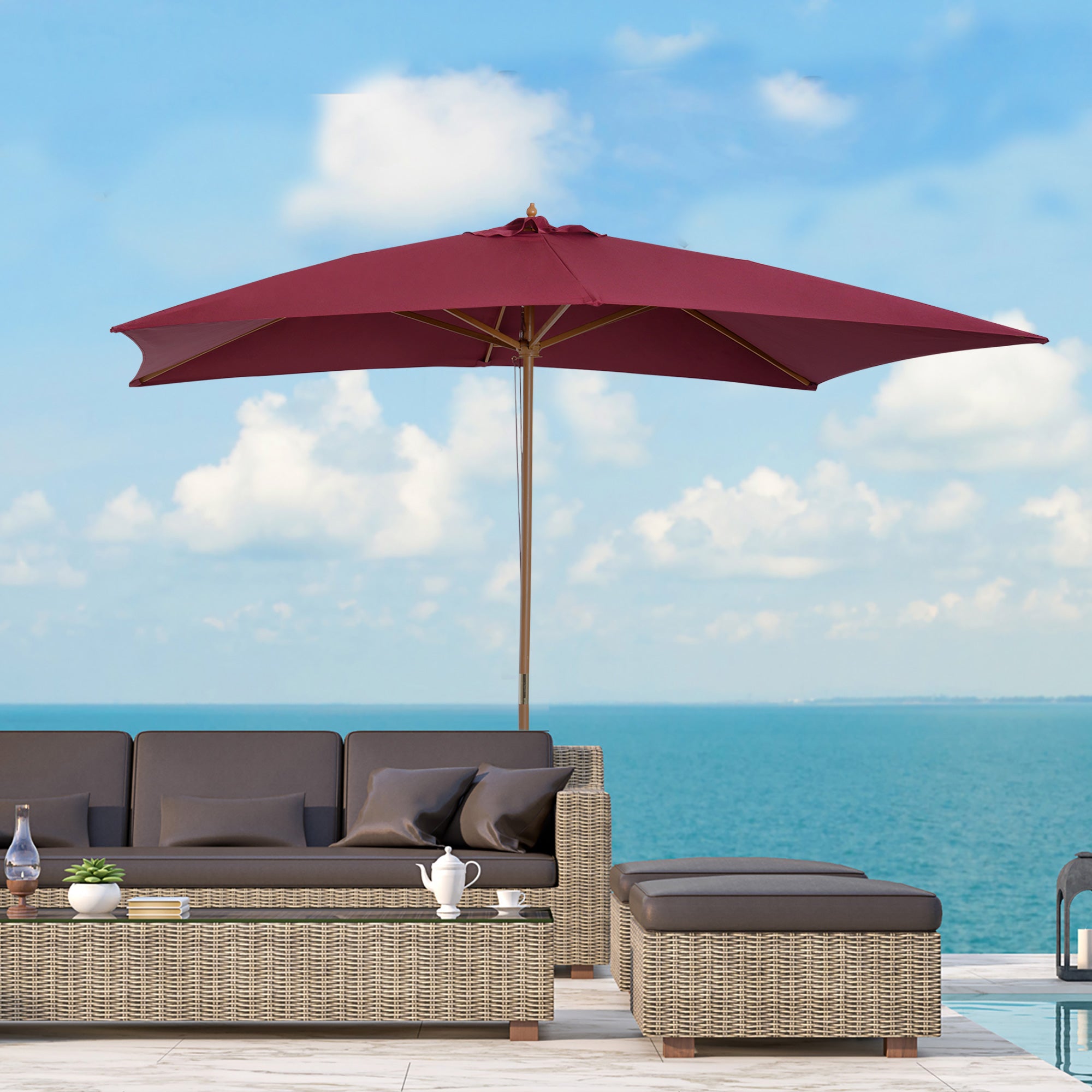 Outsunny 2 x 3m Wooden Garden Parasol Umbrella Outdoor Sun Shade Canopy, Wine Red 