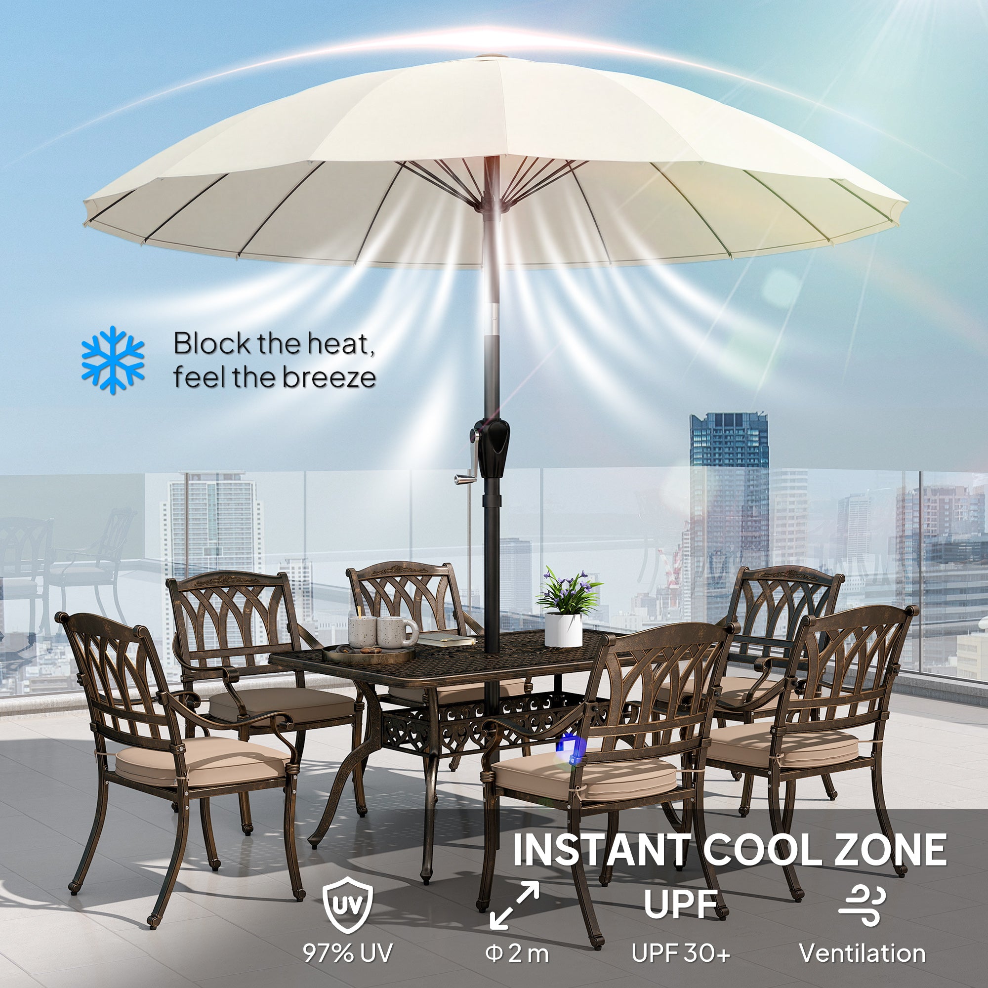 Outsunny 2 m Shanghai Garden Parasol Umbrella with 16 Fibreglass Ribs, Outdoor Parasol Sun Shade with Crank & Tilt, Cream White 