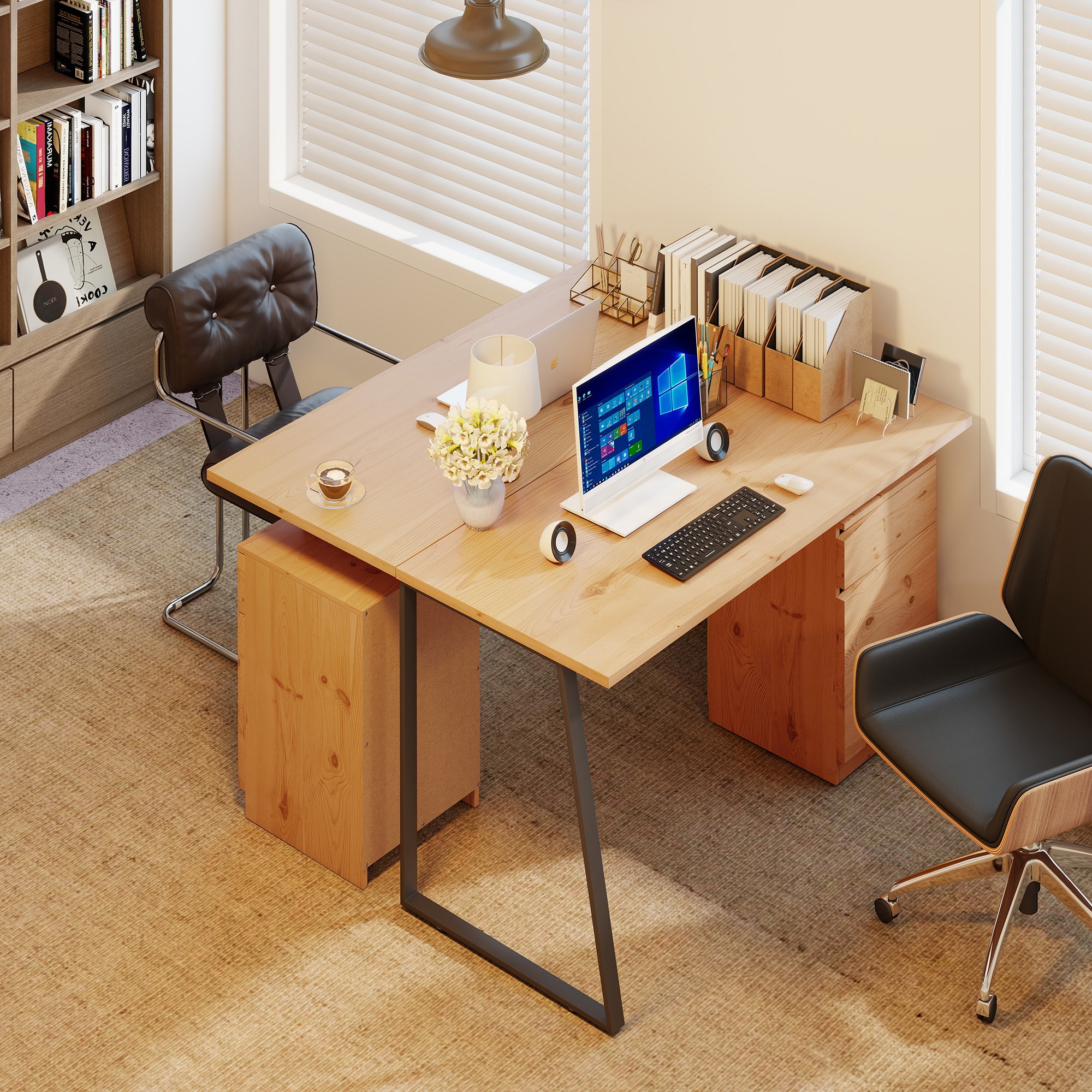 HOMCOM Computer Desk, Writing Desk with Cabinet, Drawer, Metal Legs, Work Table for Home Office Study, Natural Wood Finish 