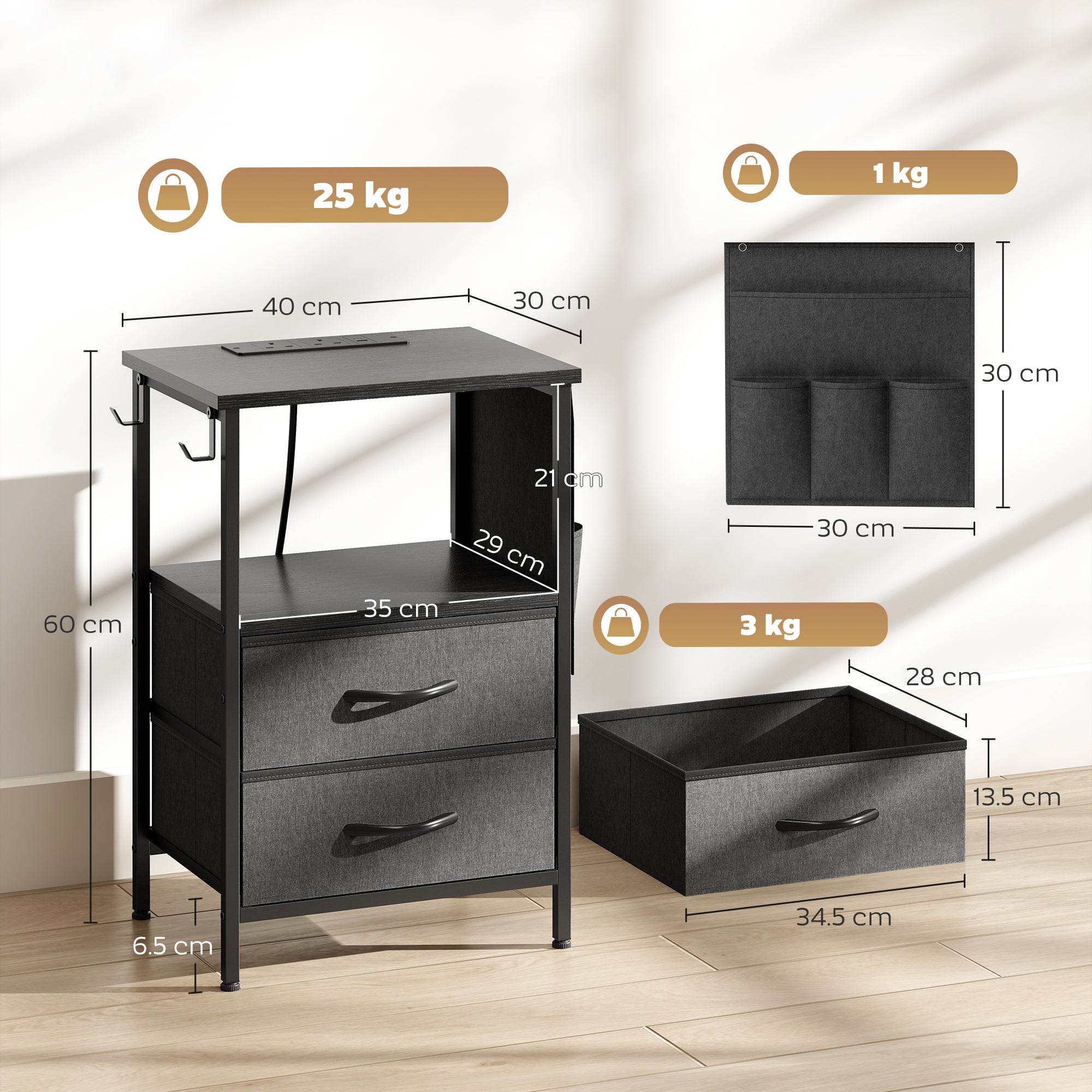 HOMCOM Bedside Table with Charging Station - Black 