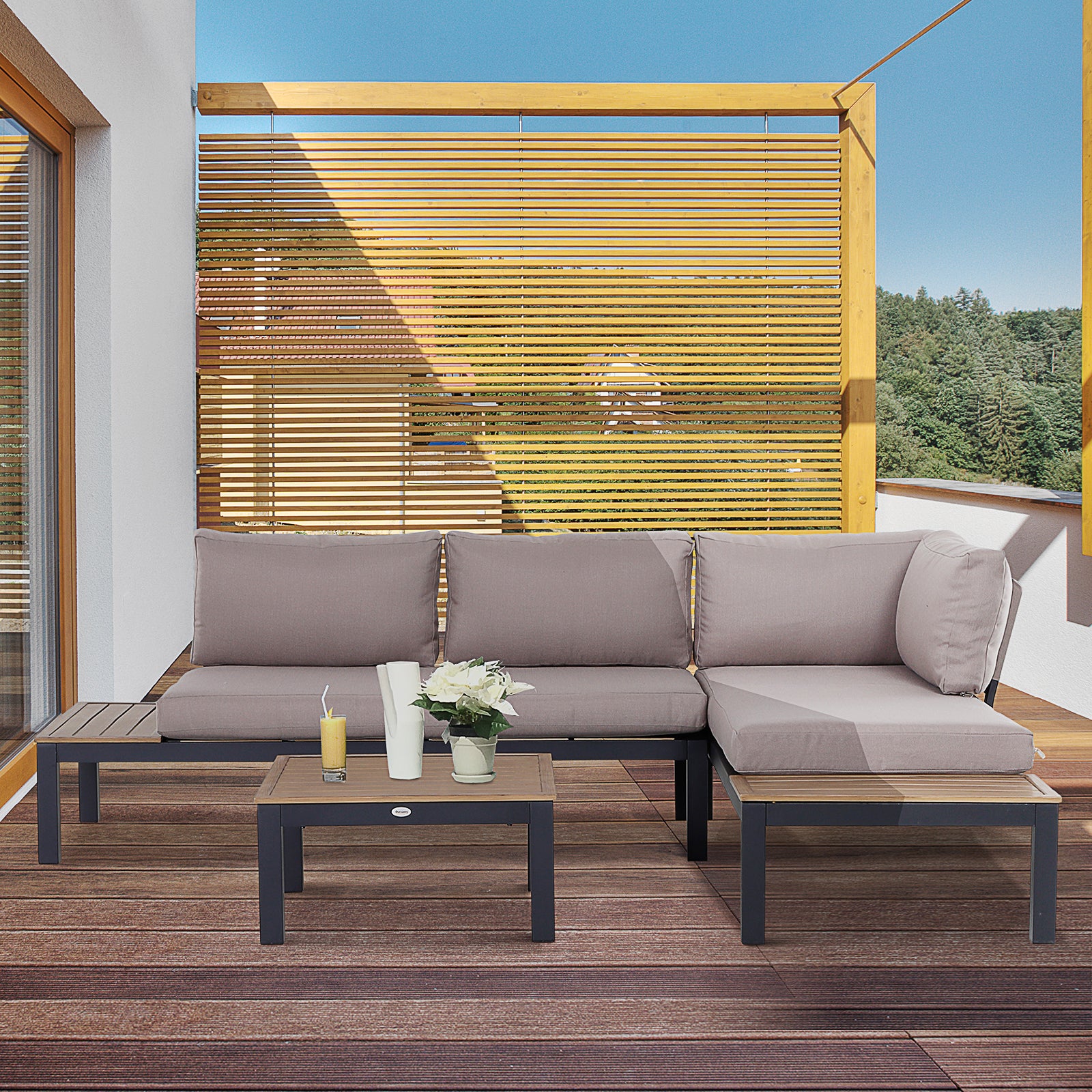 Outsunny 3 Pieces Garden Furniture Set, Aluminium 4 Seater Corner Sofa Set with 2 Loveseats, Coffee Table and Side Trays, Outdoor Conversation Furniture with Cushions for Garden, Black 