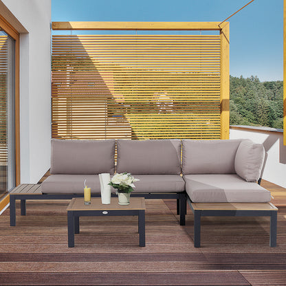 Outsunny 3 Pieces Garden Furniture Set, Aluminium 4 Seater Corner Sofa Set with 2 Loveseats, Coffee Table and Side Trays, Outdoor Conversation Furniture with Cushions for Garden, Black 
