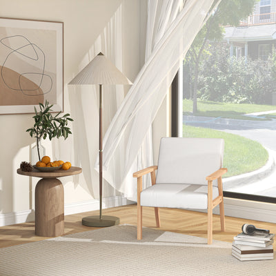 HOMCOM Accent Chair Wood Frame with Thick Linen Cushions Wide Seat Armchair Home Furniture Bedroom Office Cream White 