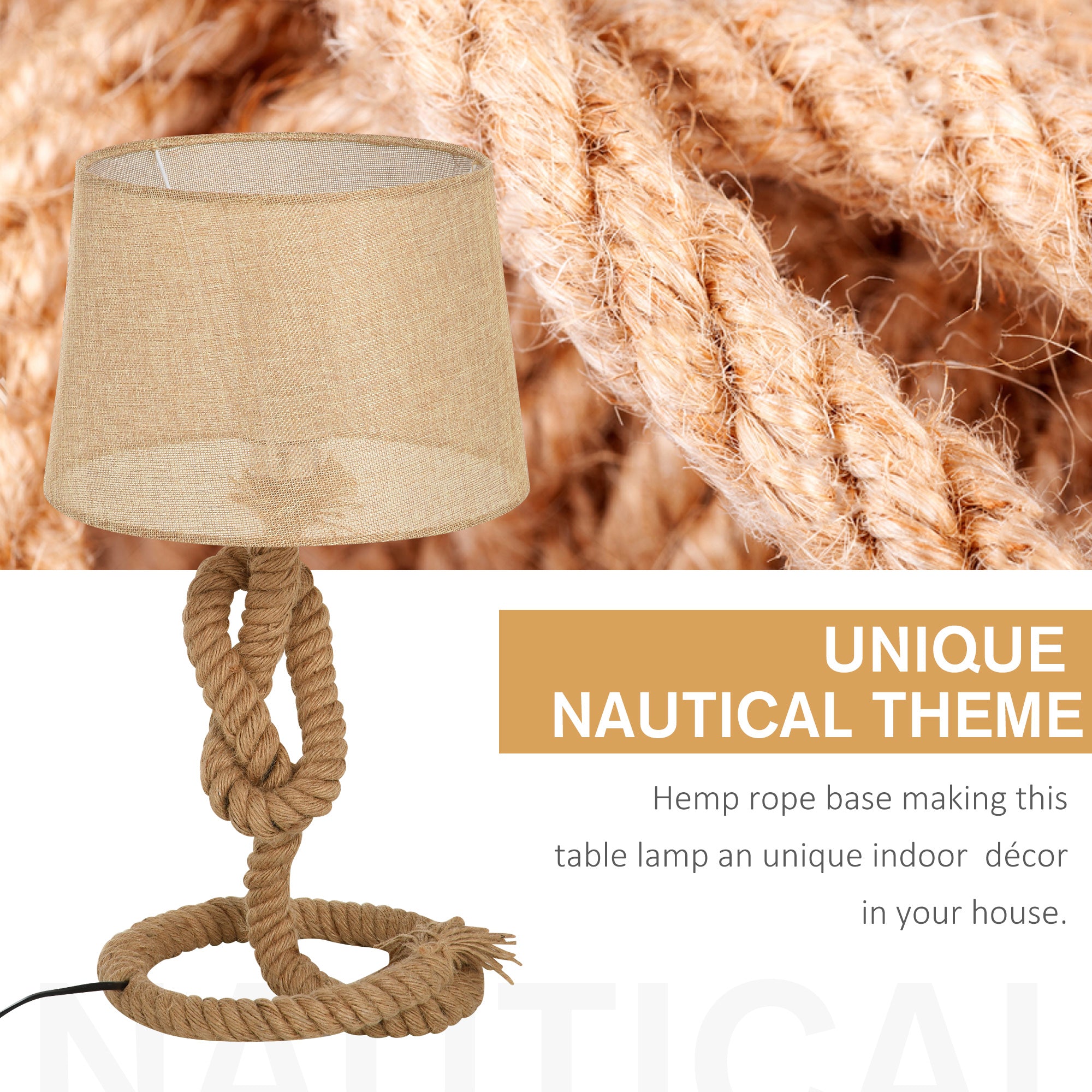 HOMCOM Nautical Style Table Lamp with Fabric Lampshade Metal Frame Power Switch, 54cm Home Desk Lamp Bedroom Living Room Study E27 Base, Beige 