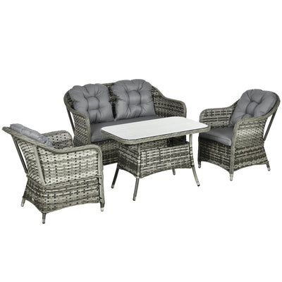 Outsunny Four-Piece Rattan Set, with Glass-Top Table - Grey 