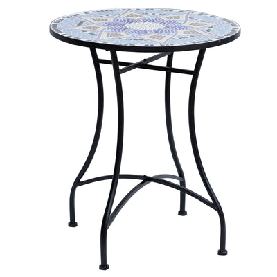 Outsunny Outdoor Mosaic Round Garden Table, Patio Bistro Coffee Side Table with 60cm Ceramic Top for Garden, Blue and White 