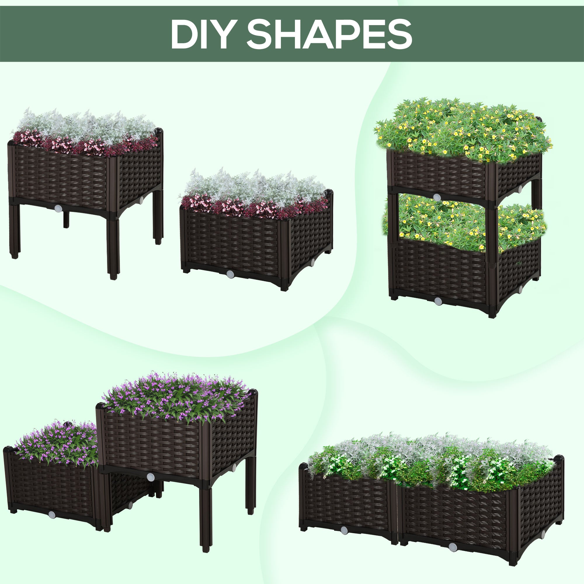 Outsunny Set of 2 26L Garden Raised Bed Elevated Patio Flower Plant Planter Box PP Vegetables Planting Container, Brown 