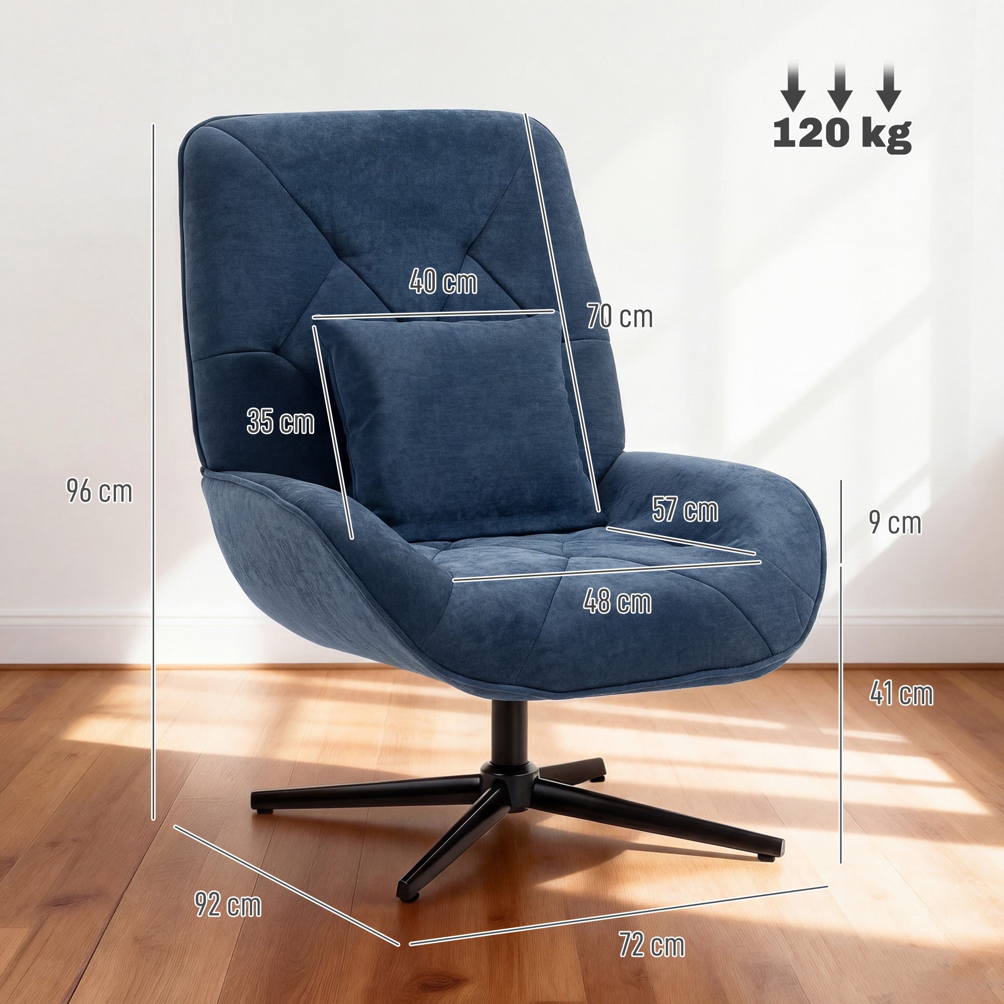 HOMCOM Accent Chair, Chenille Upholstered Swivel Armchair with Lumbar Pillow, High Back, Deep Seat and Metal Legs, Dark Blue 