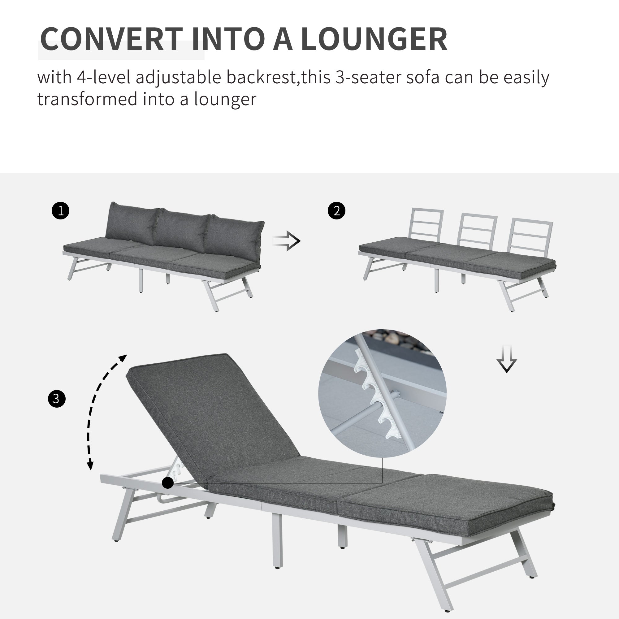 Outsunny 3 Pieces Garden Furniture Sets, 6 Seater Corner Sofa Set with Adjustable Backrest Chase Lounge with Slatted Metal Top Table, Padded Cushion, Grey 